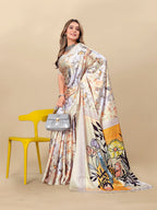 Vedant Vastram Digital Print Japan Satin Silk Party Wear Saree with Unstitched Blouse Piece - Cream