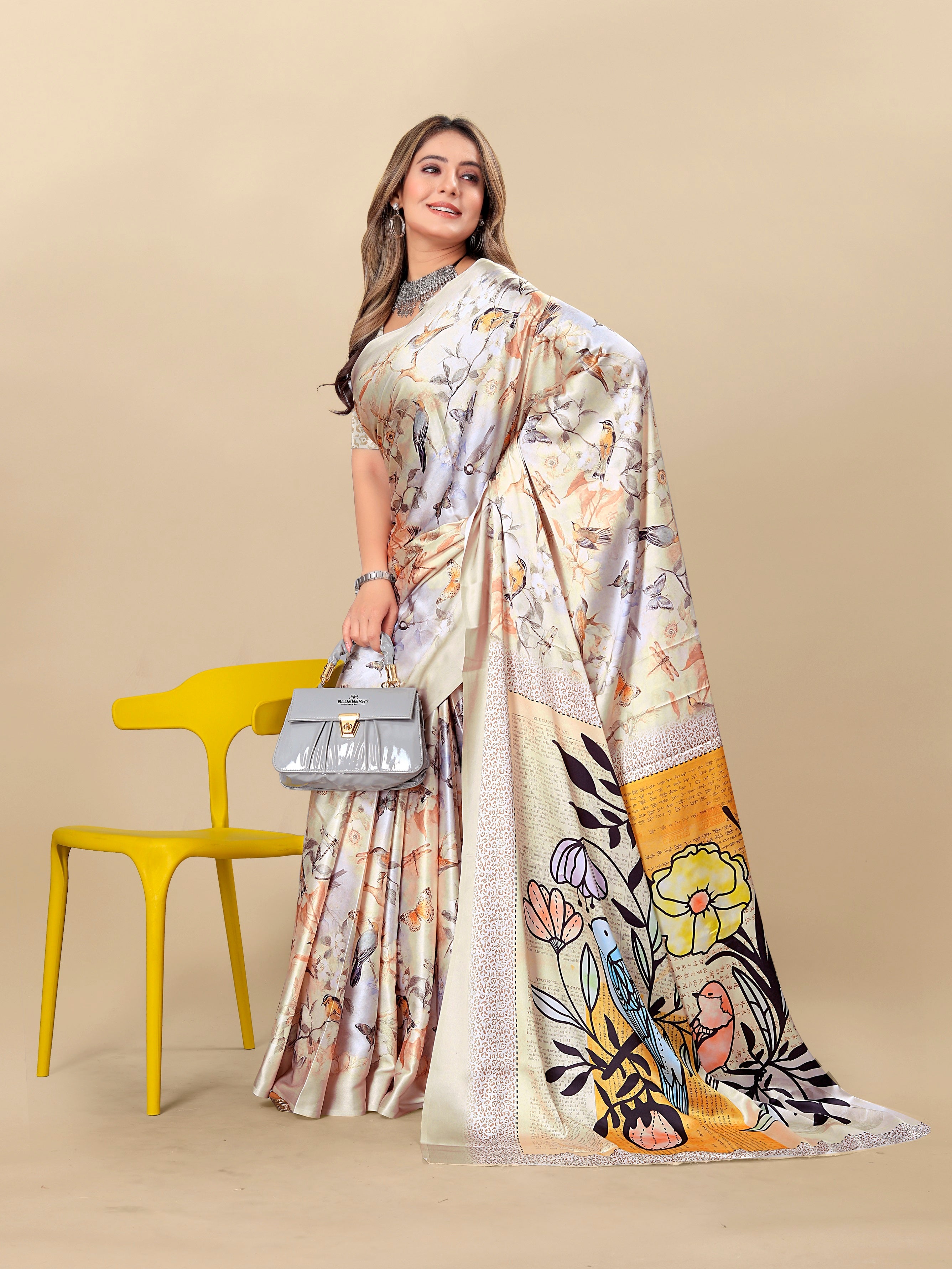 Vedant Vastram Digital Print Japan Satin Silk Party Wear Saree with Unstitched Blouse Piece - Cream