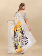 Vedant Vastram Digital Print Japan Satin Silk Party Wear Saree with Unstitched Blouse Piece - Cream