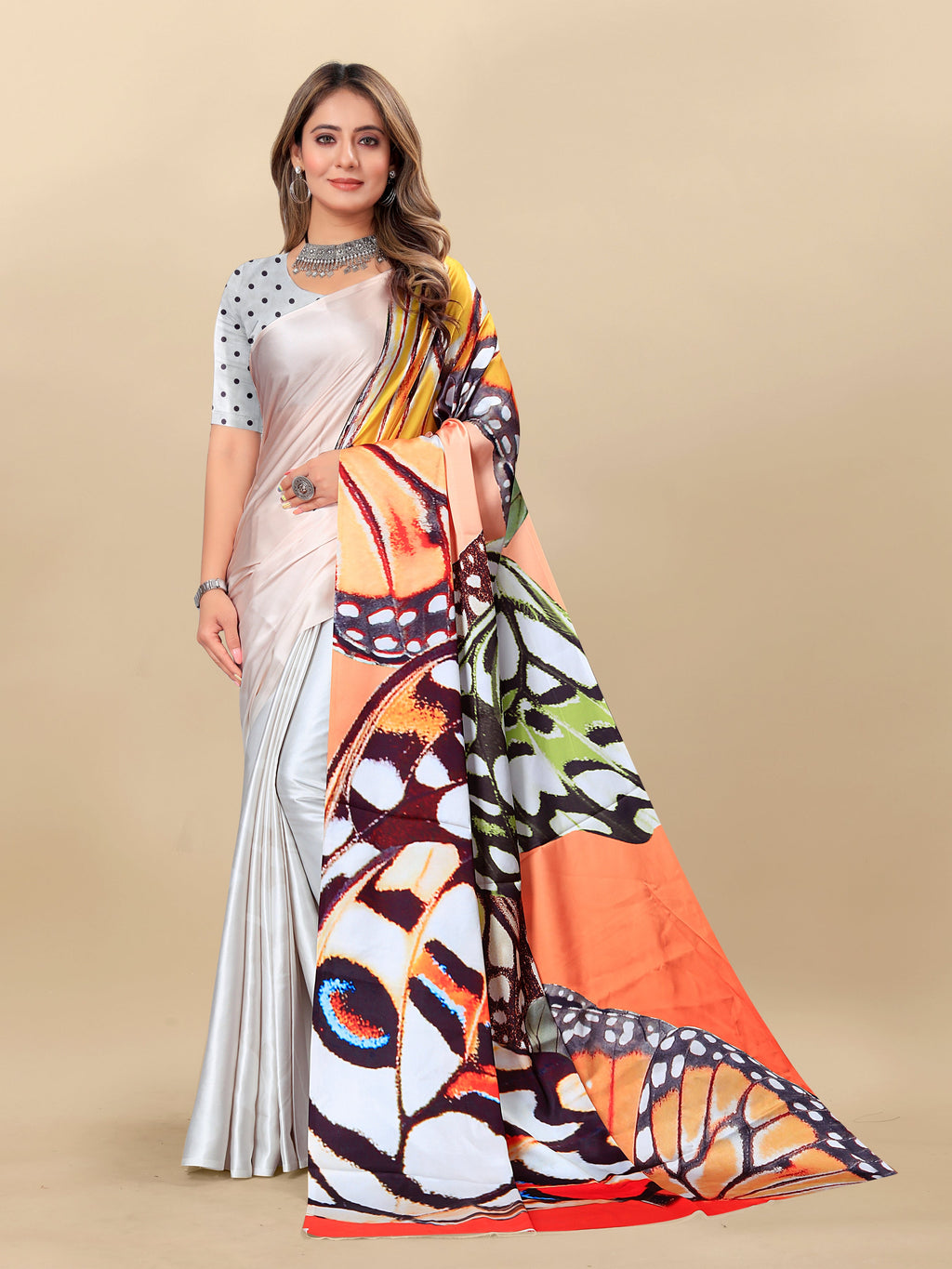 Vedant Vastram Digital Print Japan Satin Silk Party Wear Saree with Unstitched Blouse Piece - Off White