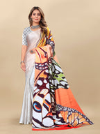 Vedant Vastram Digital Print Japan Satin Silk Party Wear Saree with Unstitched Blouse Piece - Off White