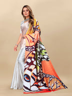 Vedant Vastram Digital Print Japan Satin Silk Party Wear Saree with Unstitched Blouse Piece - Off White