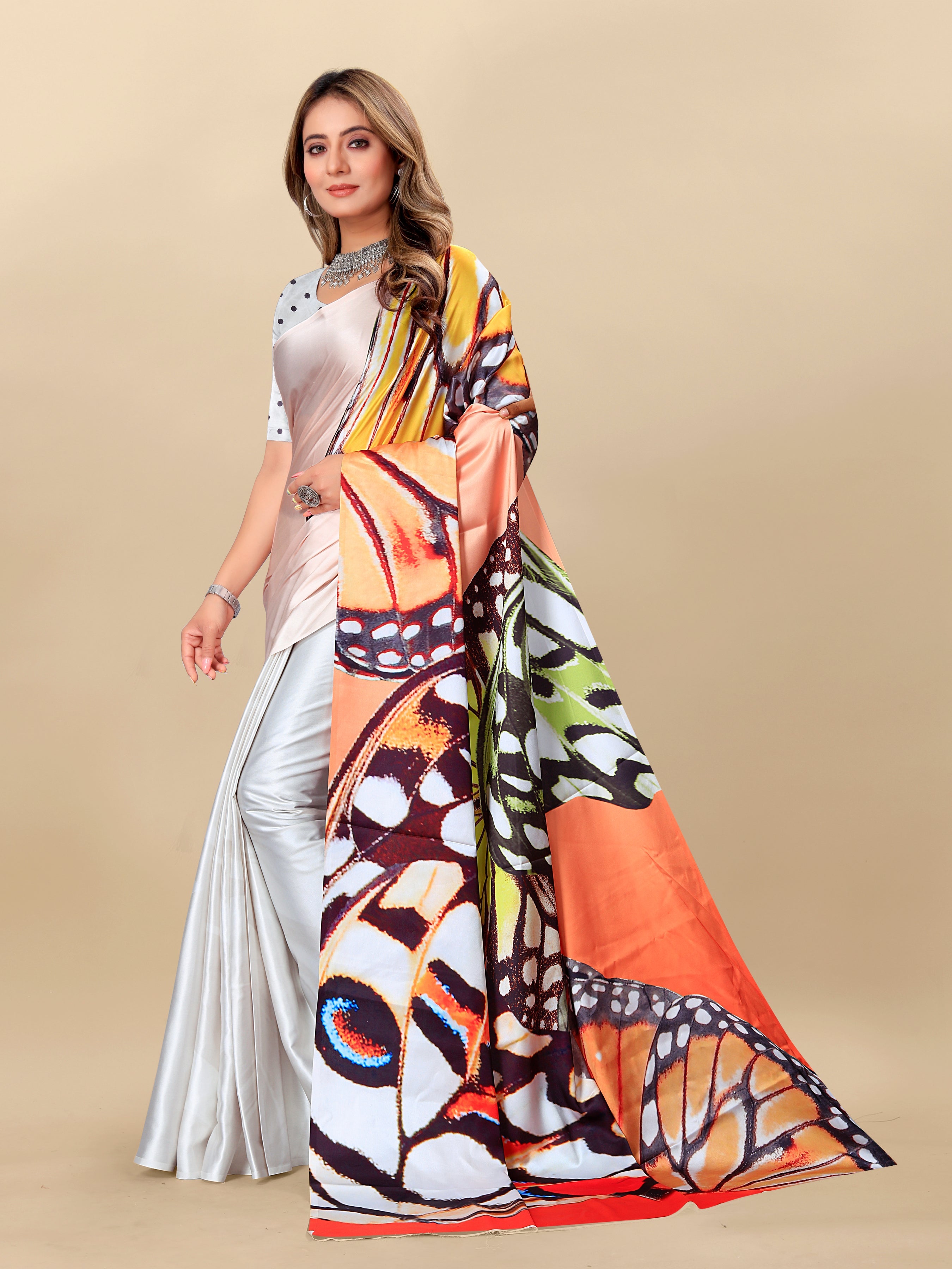 Vedant Vastram Digital Print Japan Satin Silk Party Wear Saree with Unstitched Blouse Piece - Off White