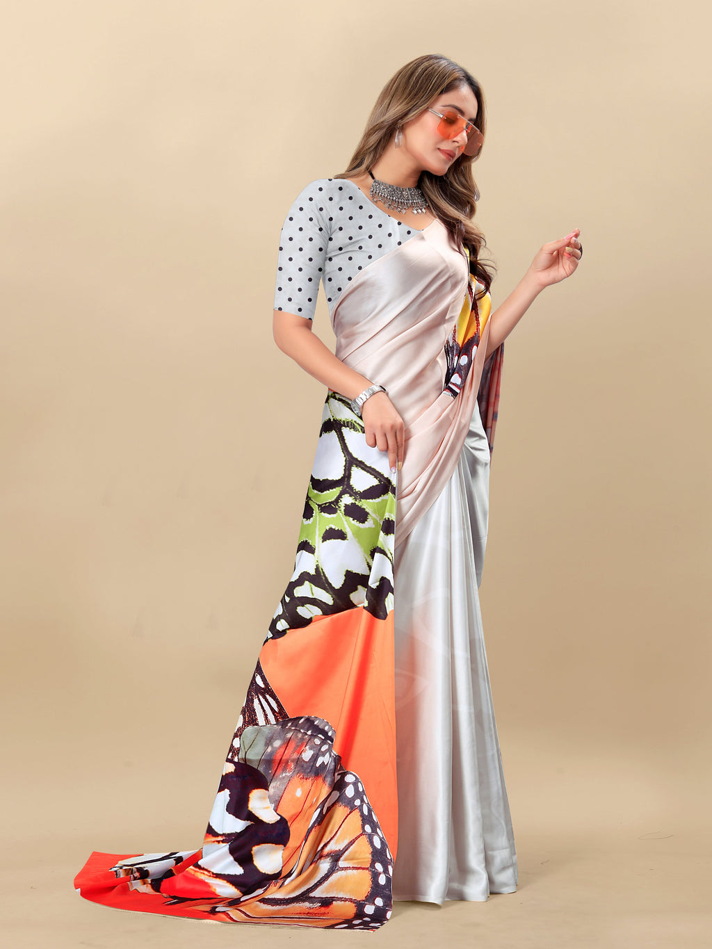 Vedant Vastram Digital Print Japan Satin Silk Party Wear Saree with Unstitched Blouse Piece - Off White