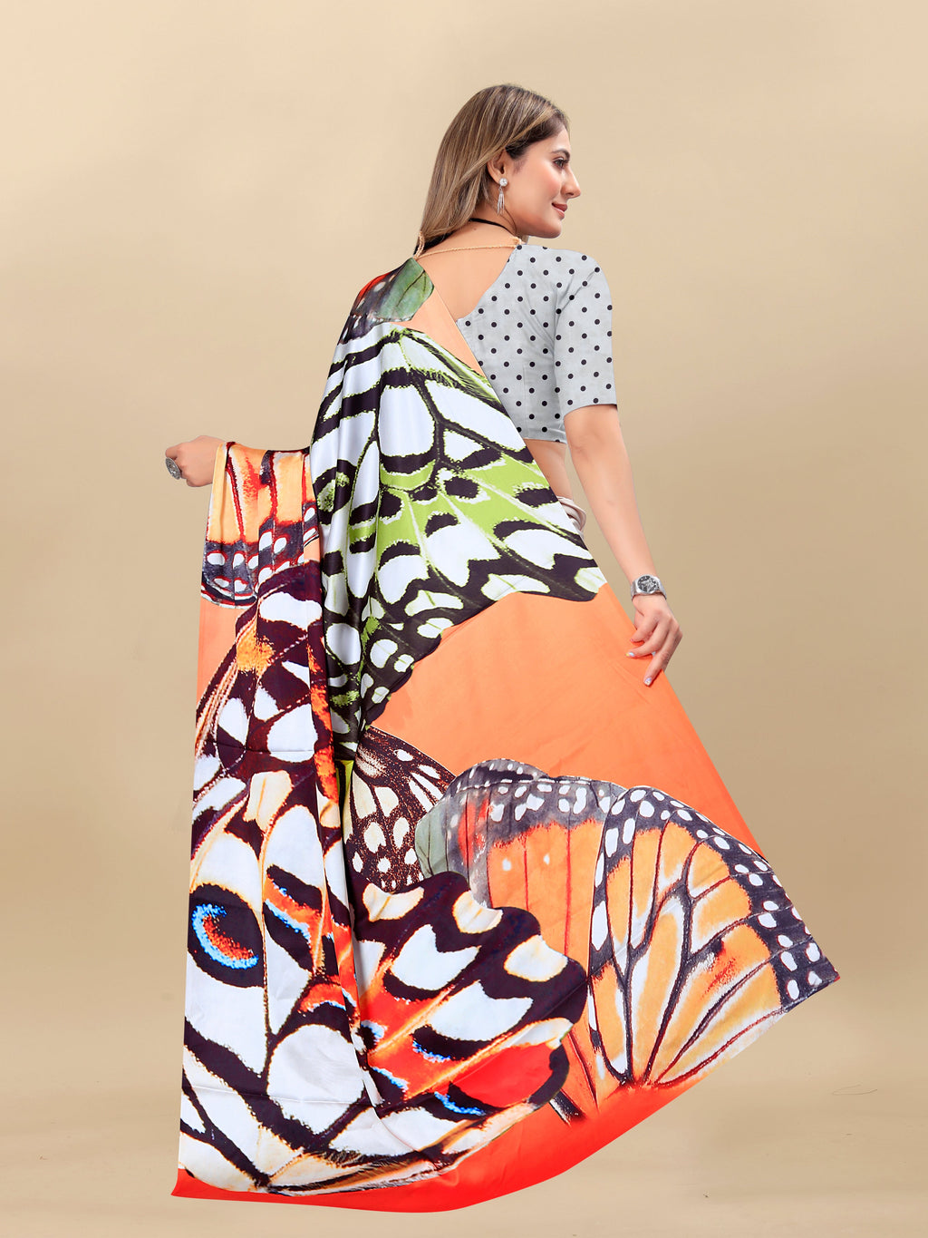 Vedant Vastram Digital Print Japan Satin Silk Party Wear Saree with Unstitched Blouse Piece - Off White