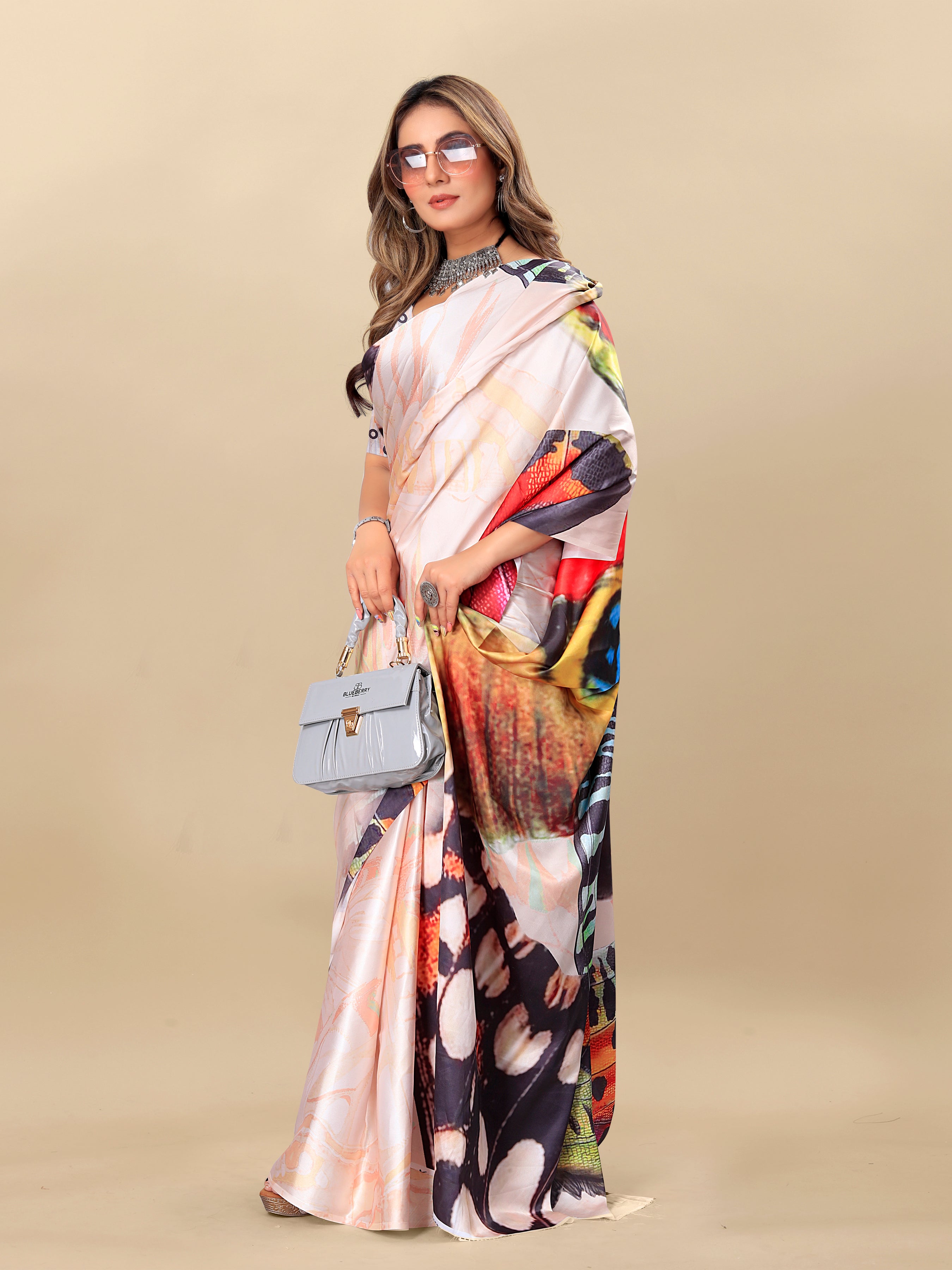 Vedant Vastram Digital Print Japan Satin Silk Party Wear Saree with Unstitched Blouse Piece - Multi Color