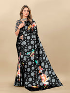 Vedant Vastram Digital Print Japan Satin Silk Party Wear Saree with Unstitched Blouse Piece - Black
