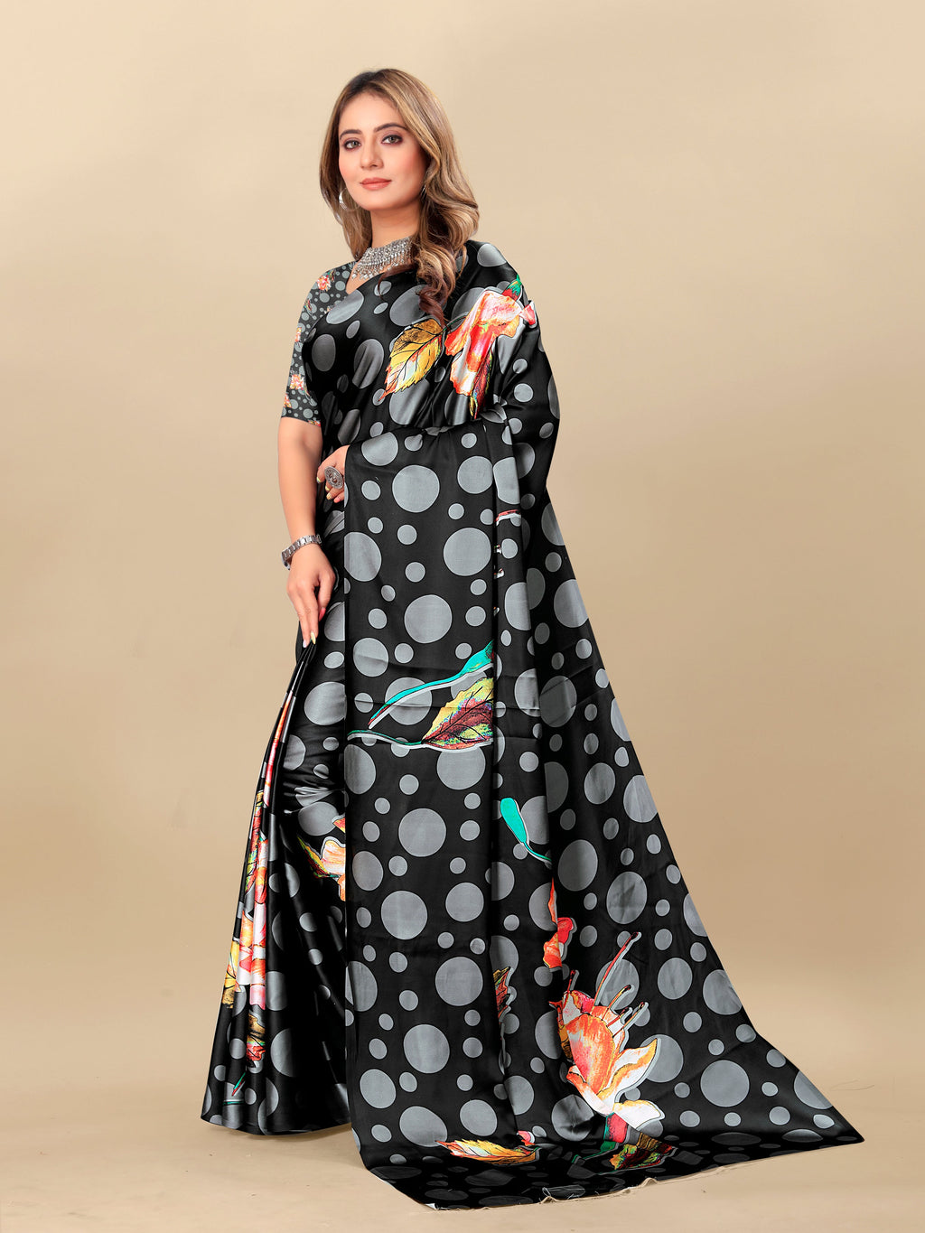 Vedant Vastram Digital Print Japan Satin Silk Party Wear Saree with Unstitched Blouse Piece - Black