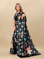 Vedant Vastram Digital Print Japan Satin Silk Party Wear Saree with Unstitched Blouse Piece - Black