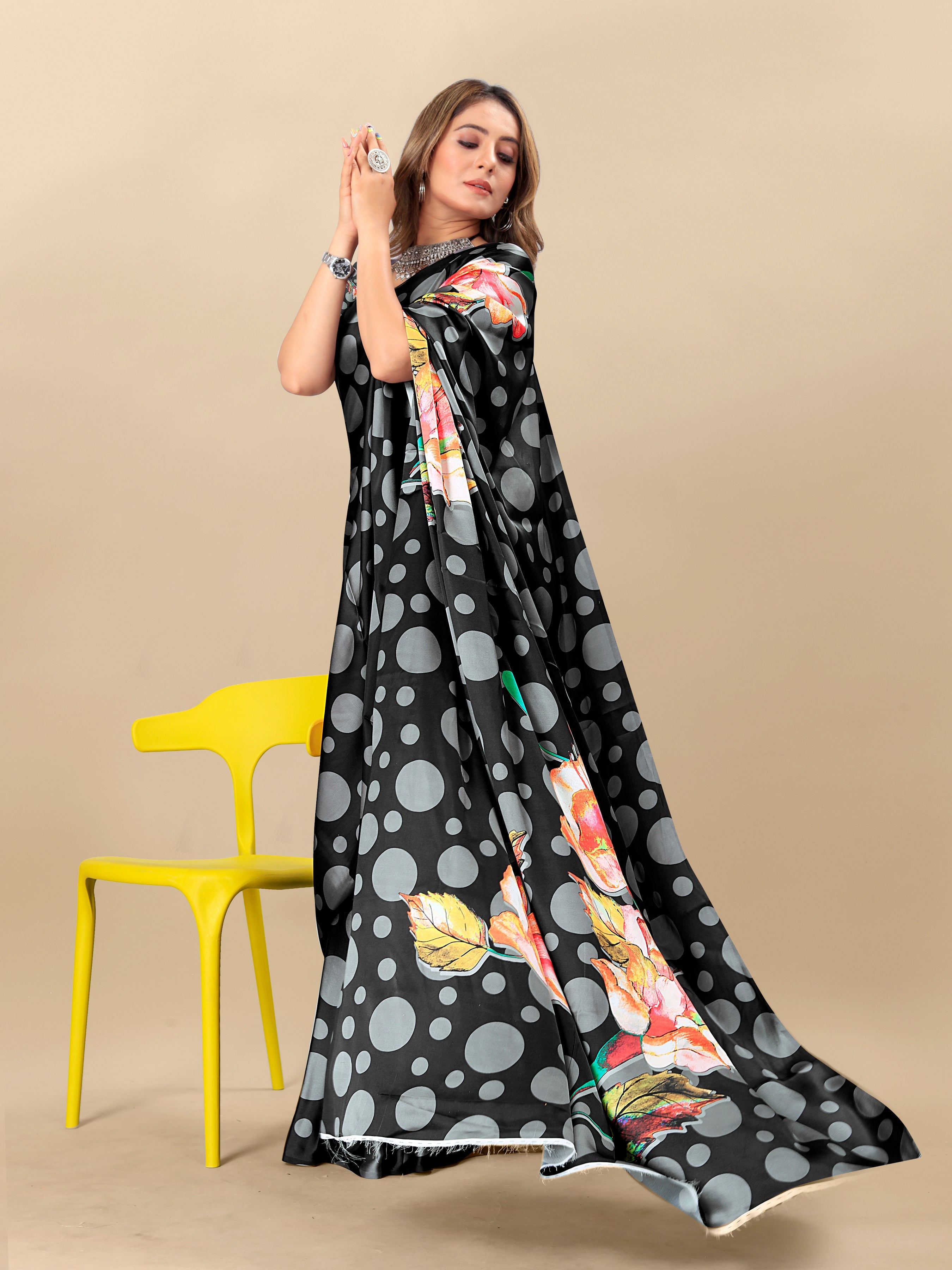 Vedant Vastram Digital Print Japan Satin Silk Party Wear Saree with Unstitched Blouse Piece - Black