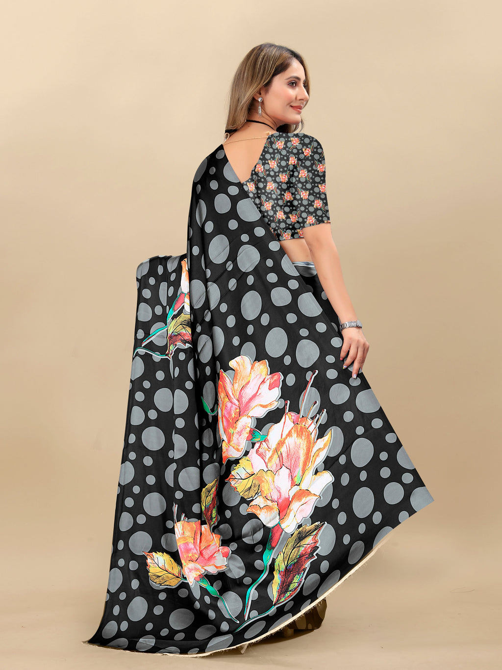 Vedant Vastram Digital Print Japan Satin Silk Party Wear Saree with Unstitched Blouse Piece - Black