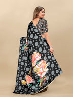Vedant Vastram Digital Print Japan Satin Silk Party Wear Saree with Unstitched Blouse Piece - Black