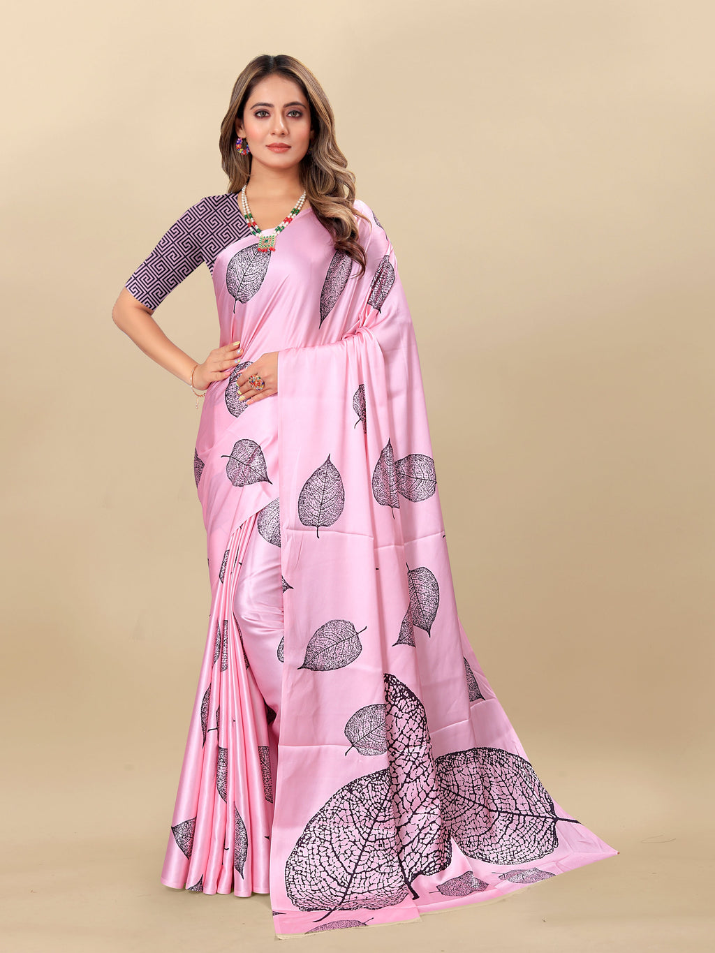 Vedant Vastram Digital Print Japan Satin Silk Party Wear Saree with Unstitched Blouse Piece - Pink