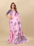 Vedant Vastram Digital Print Japan Satin Silk Party Wear Saree with Unstitched Blouse Piece - Pink