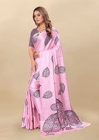 Vedant Vastram Digital Print Japan Satin Silk Party Wear Saree with Unstitched Blouse Piece - Pink