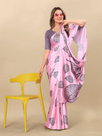 Vedant Vastram Digital Print Japan Satin Silk Party Wear Saree with Unstitched Blouse Piece - Pink