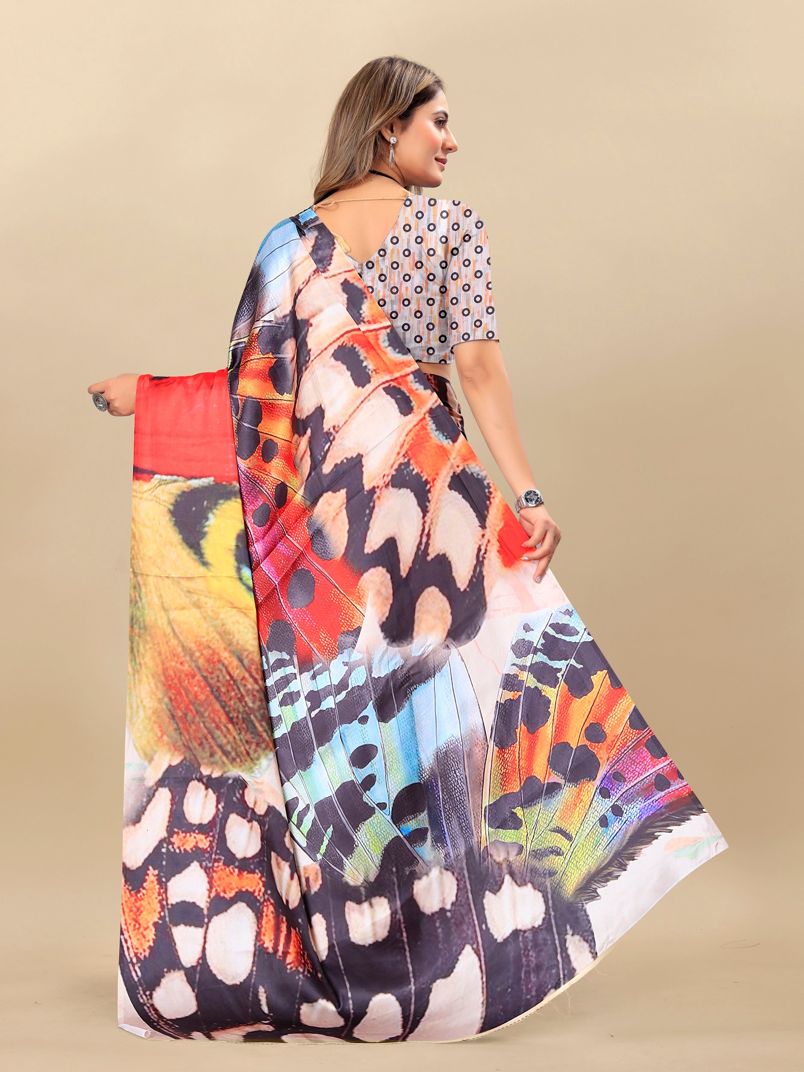 Vedant Vastram Digital Print Japan Satin Silk Party Wear Saree with Unstitched Blouse Piece - Multi Color