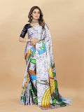 Vedant Vastram Digital Print Japan Satin Silk Party Wear Saree with Unstitched Blouse Piece - Off White