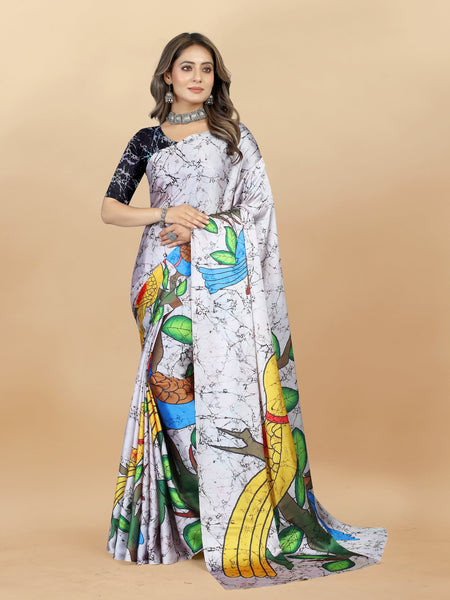Vedant Vastram Digital Print Japan Satin Silk Party Wear Saree with Unstitched Blouse Piece - Off White