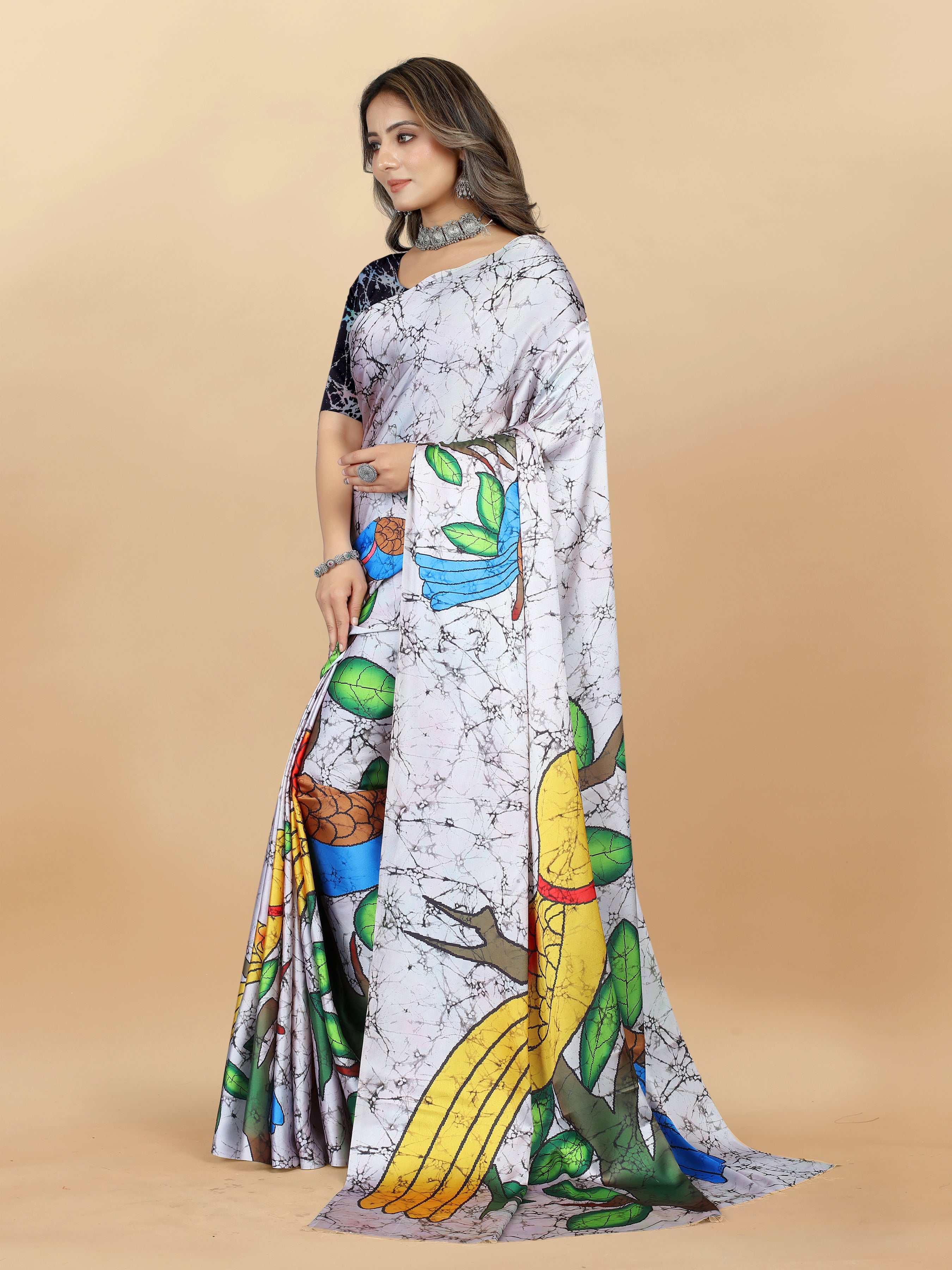 Vedant Vastram Digital Print Japan Satin Silk Party Wear Saree with Unstitched Blouse Piece - Off White