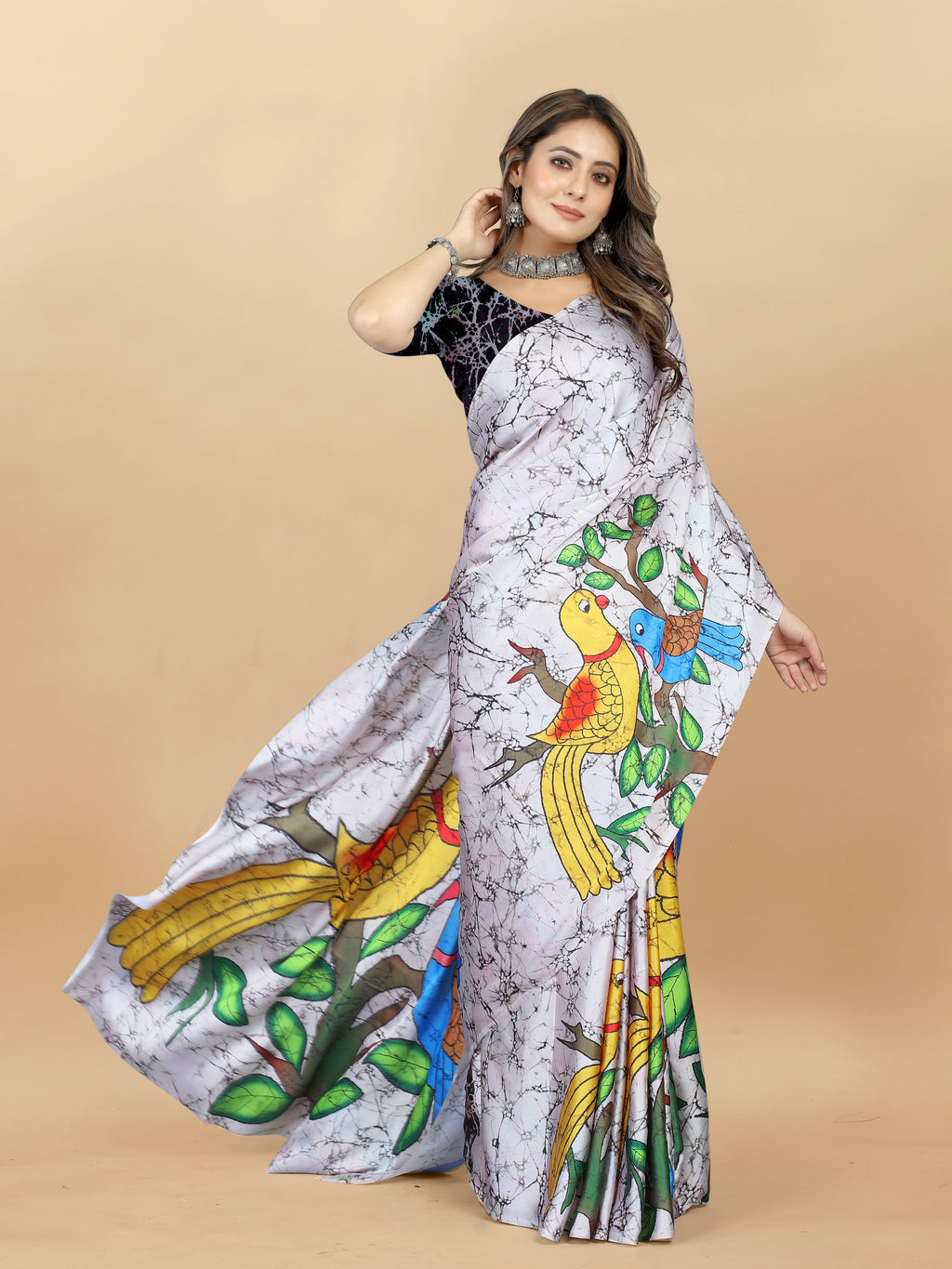 Vedant Vastram Digital Print Japan Satin Silk Party Wear Saree with Unstitched Blouse Piece - Off White