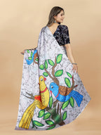 Vedant Vastram Digital Print Japan Satin Silk Party Wear Saree with Unstitched Blouse Piece - Off White