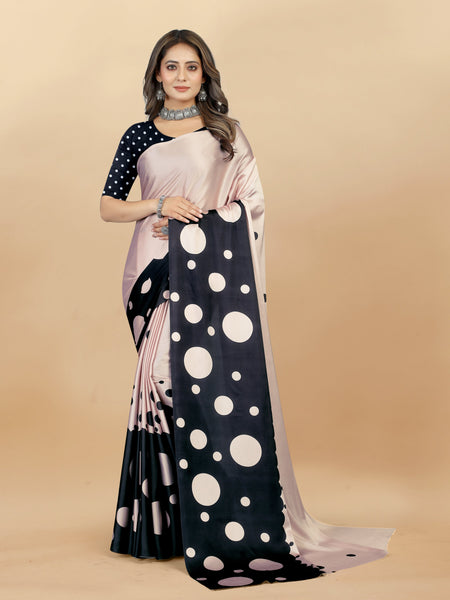 Vedant Vastram Digital Print Japan Satin Silk Party Wear Saree with Unstitched Blouse Piece - Black