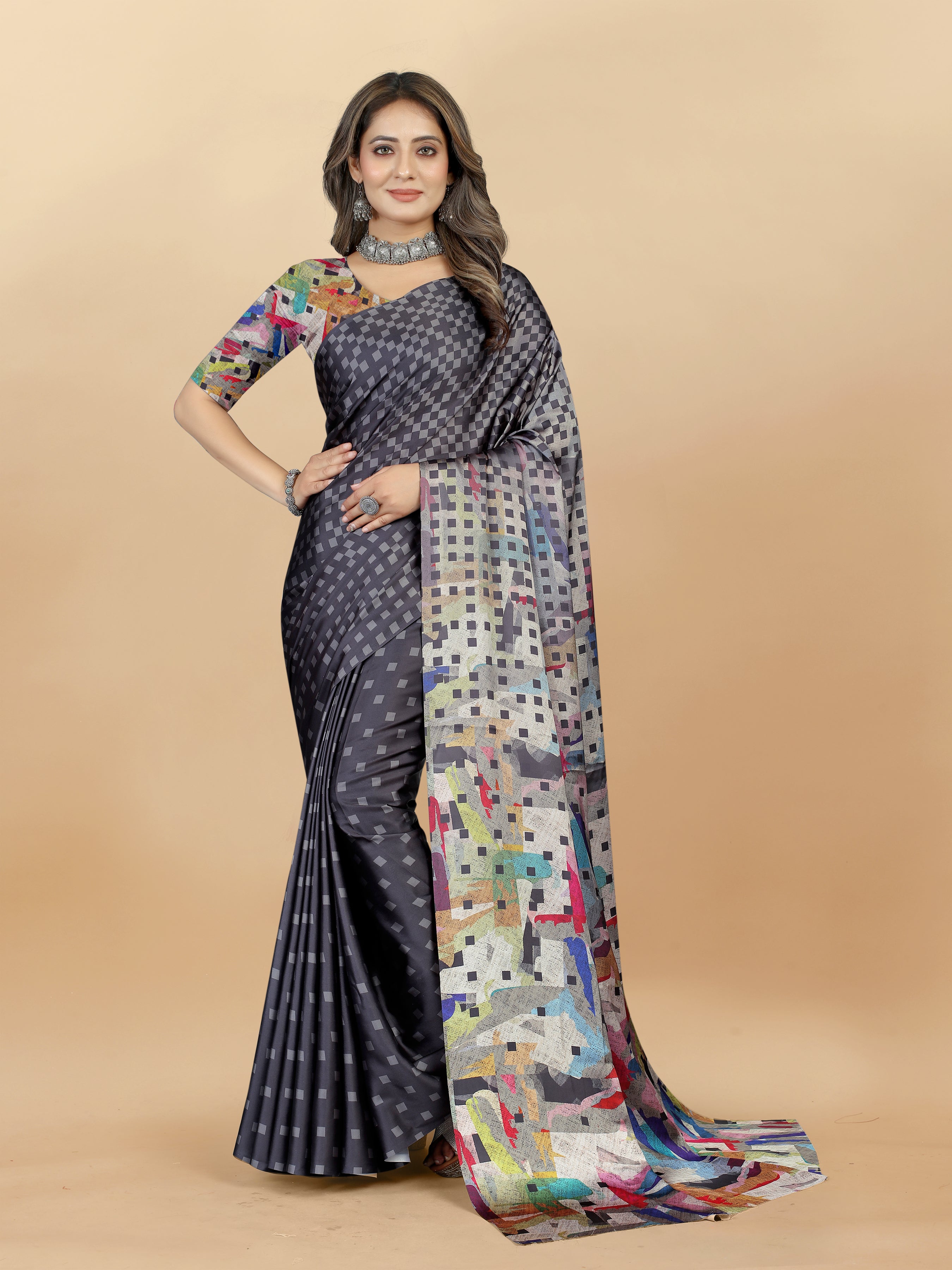 Vedant Vastram Digital Print Japan Satin Silk Party Wear Saree with Unstitched Blouse Piece - Grey