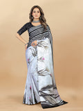 Vedant Vastram Digital Print Japan Satin Silk Party Wear Saree with Unstitched Blouse Piece - White