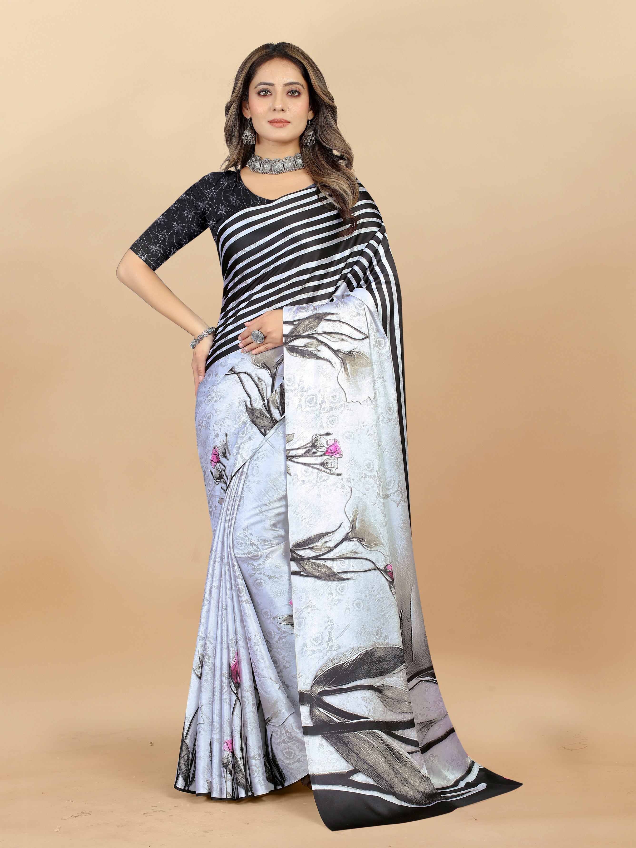 Vedant Vastram Digital Print Japan Satin Silk Party Wear Saree with Unstitched Blouse Piece - White