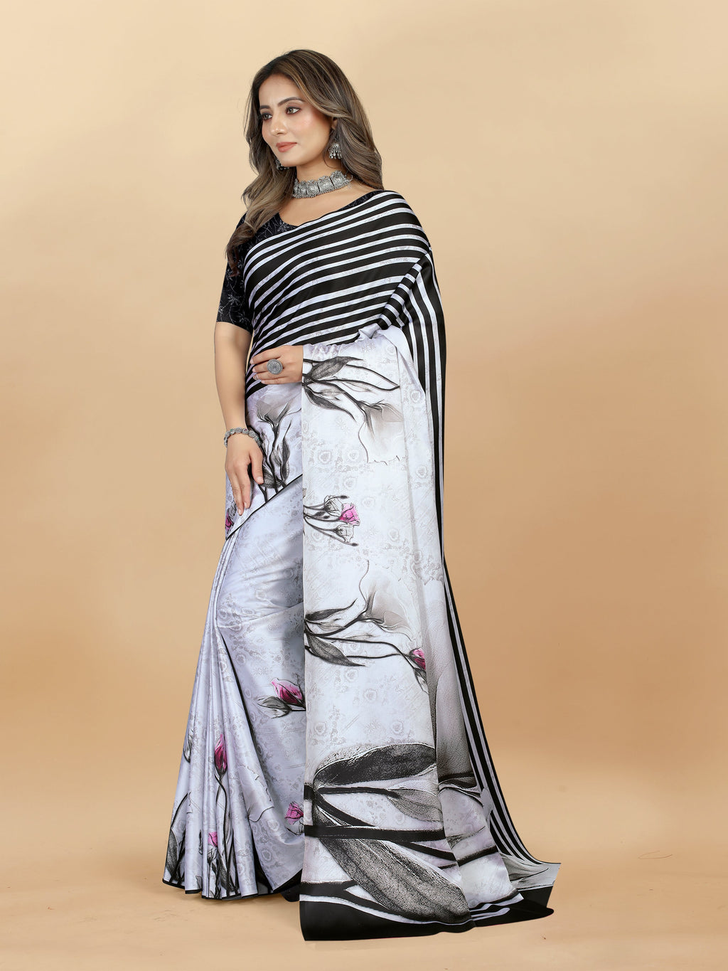Vedant Vastram Digital Print Japan Satin Silk Party Wear Saree with Unstitched Blouse Piece - White