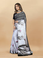 Vedant Vastram Digital Print Japan Satin Silk Party Wear Saree with Unstitched Blouse Piece - White