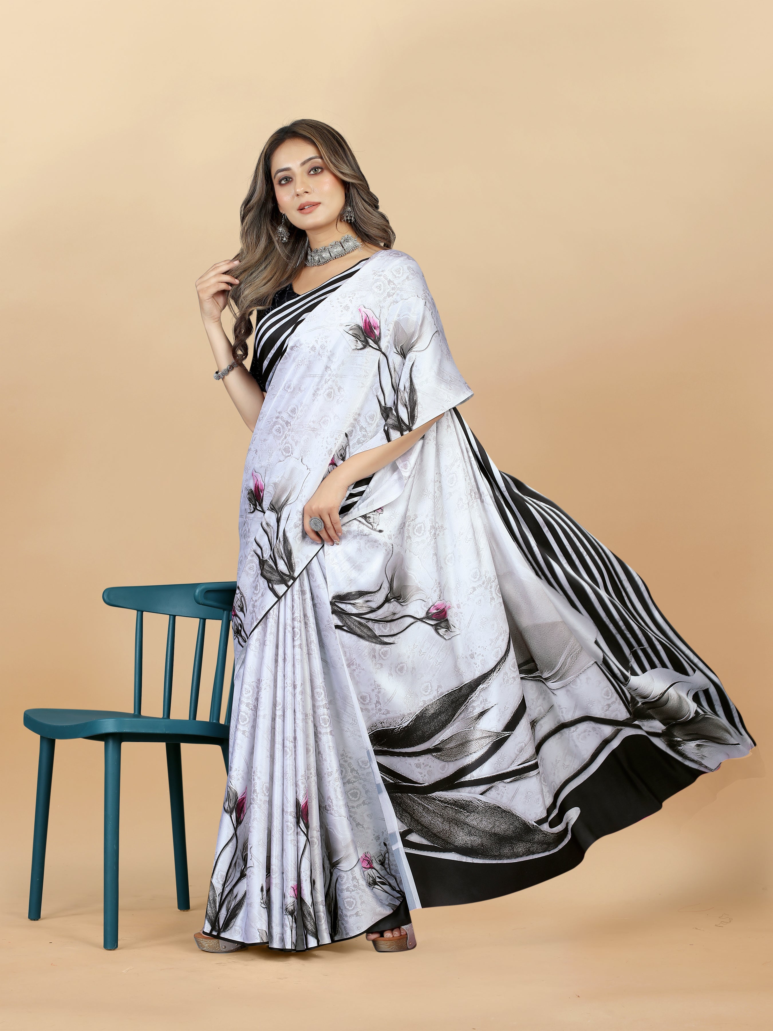 Vedant Vastram Digital Print Japan Satin Silk Party Wear Saree with Unstitched Blouse Piece - White