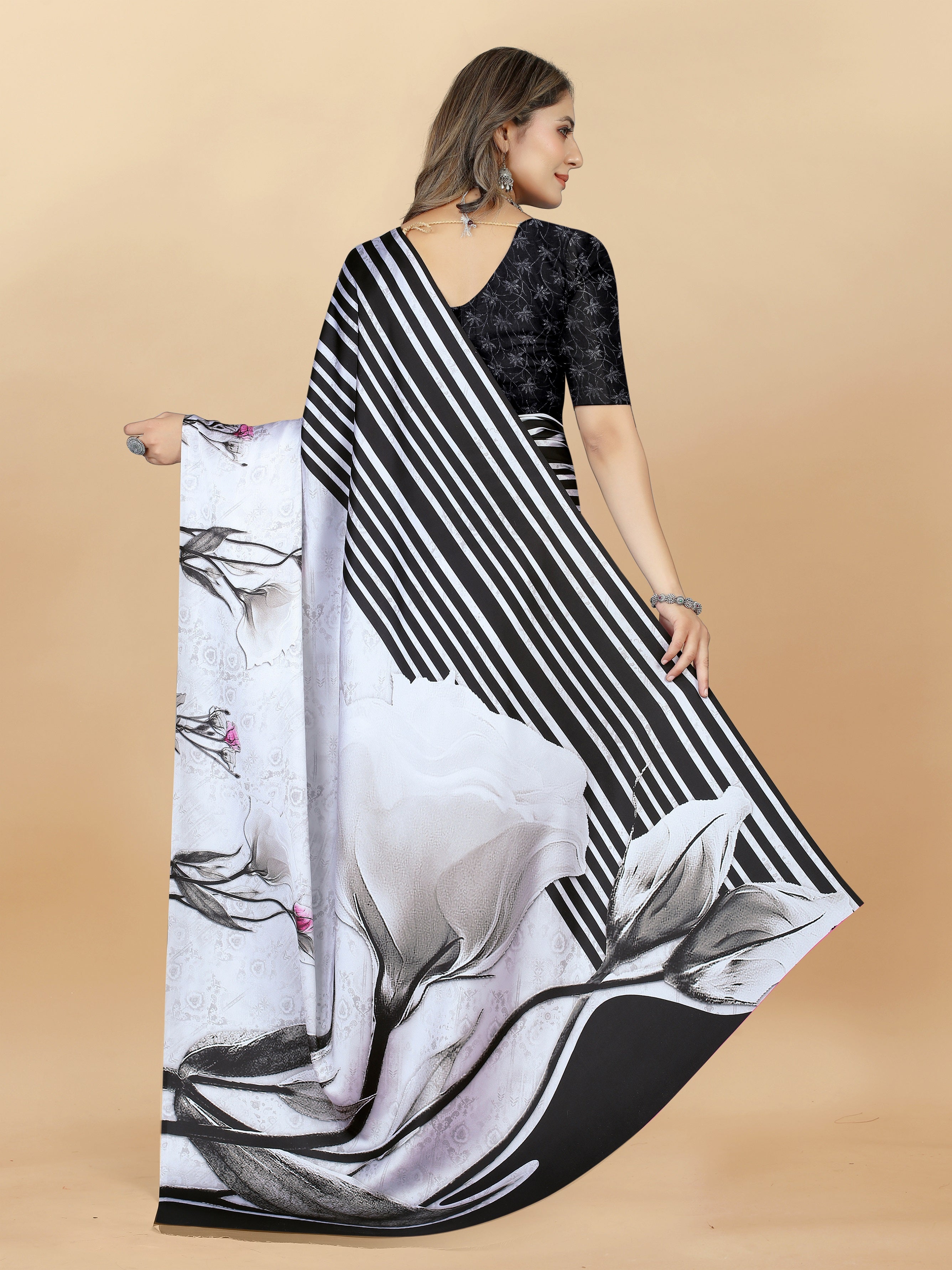 Vedant Vastram Digital Print Japan Satin Silk Party Wear Saree with Unstitched Blouse Piece - White