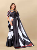 Vedant Vastram Digital Print Japan Satin Silk Party Wear Saree with Unstitched Blouse Piece - Black