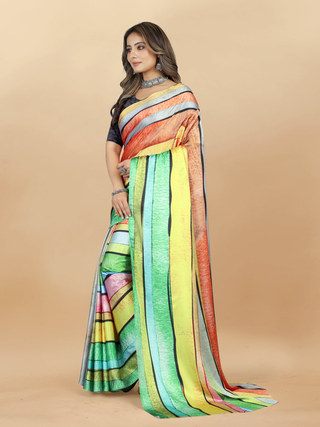 Vedant Vastram Digital Print Japan Satin Silk Party Wear Saree with Unstitched Blouse Piece - Parrot