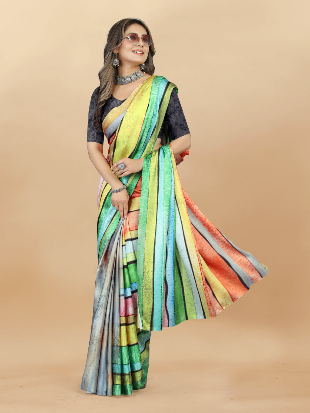 Vedant Vastram Digital Print Japan Satin Silk Party Wear Saree with Unstitched Blouse Piece - Parrot