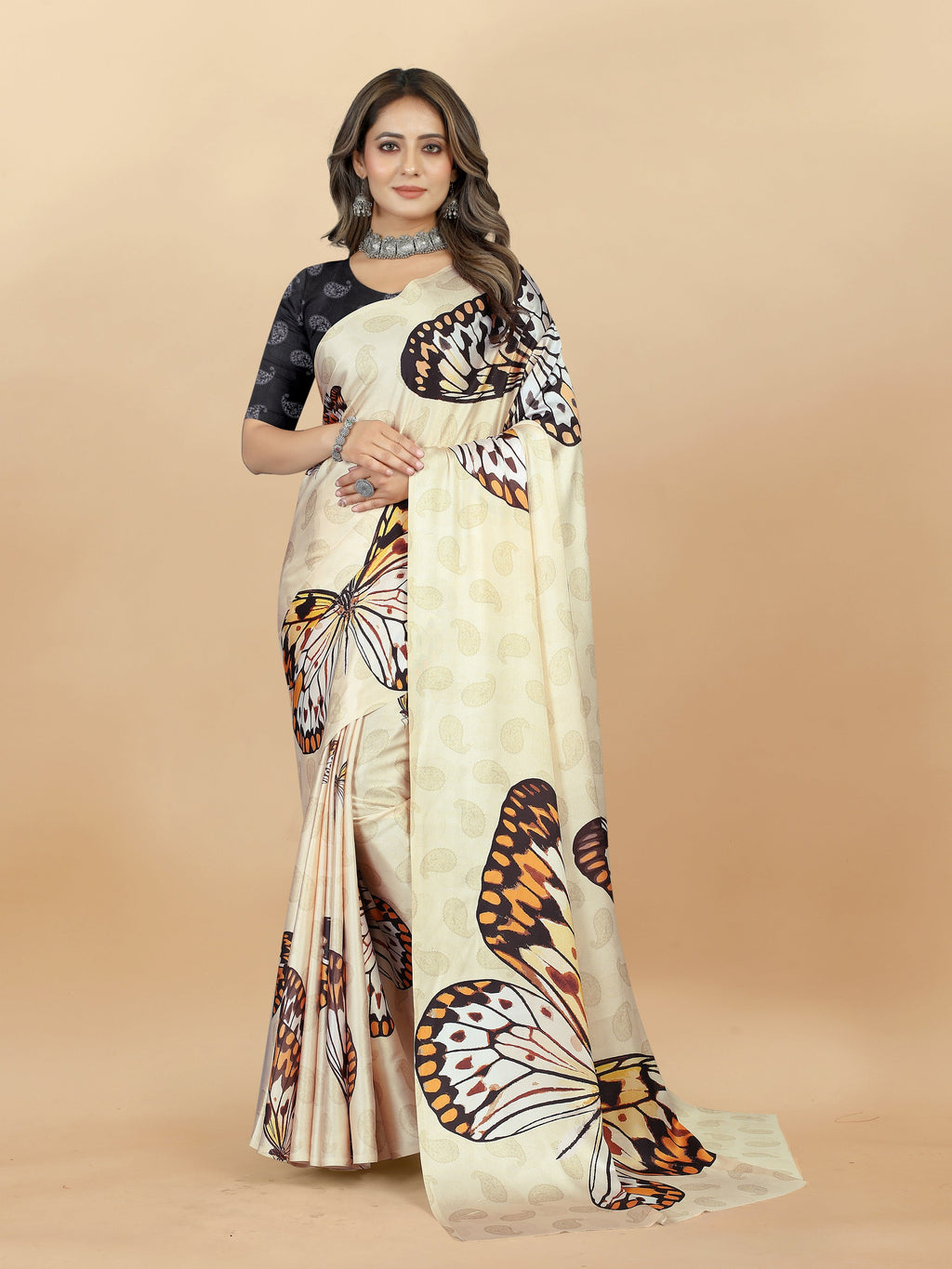 Vedant Vastram Digital Print Japan Satin Silk Party Wear Saree with Unstitched Blouse Piece - Cream