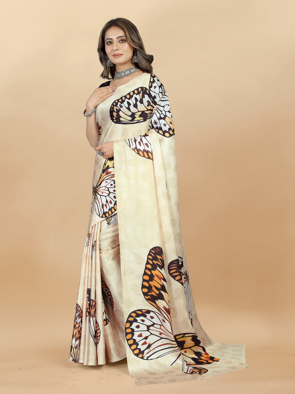 Vedant Vastram Digital Print Japan Satin Silk Party Wear Saree with Unstitched Blouse Piece - Cream
