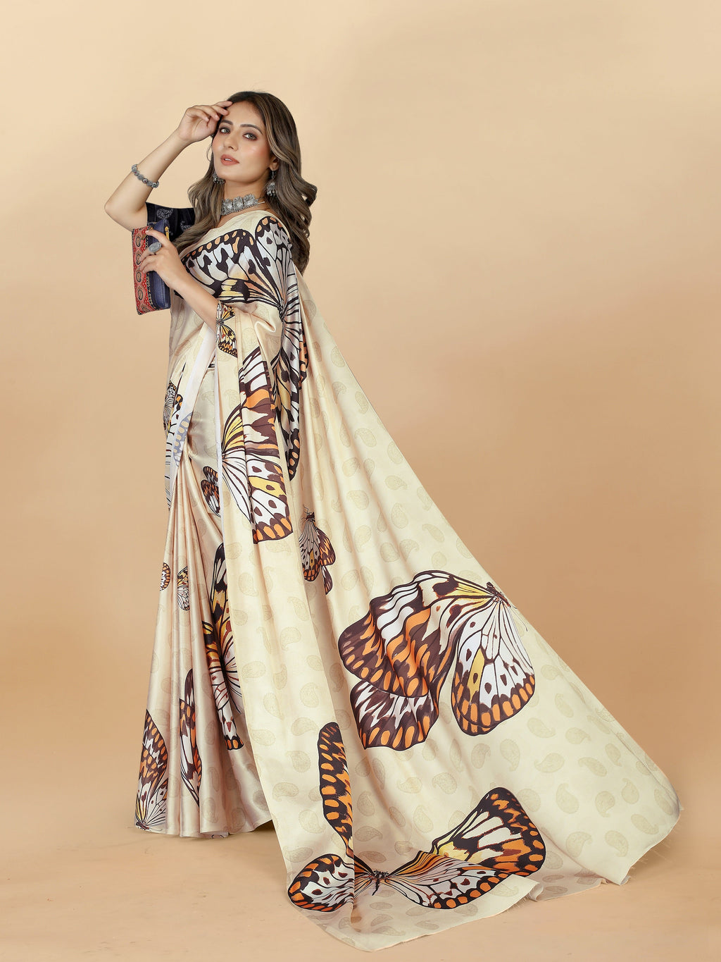 Vedant Vastram Digital Print Japan Satin Silk Party Wear Saree with Unstitched Blouse Piece - Cream