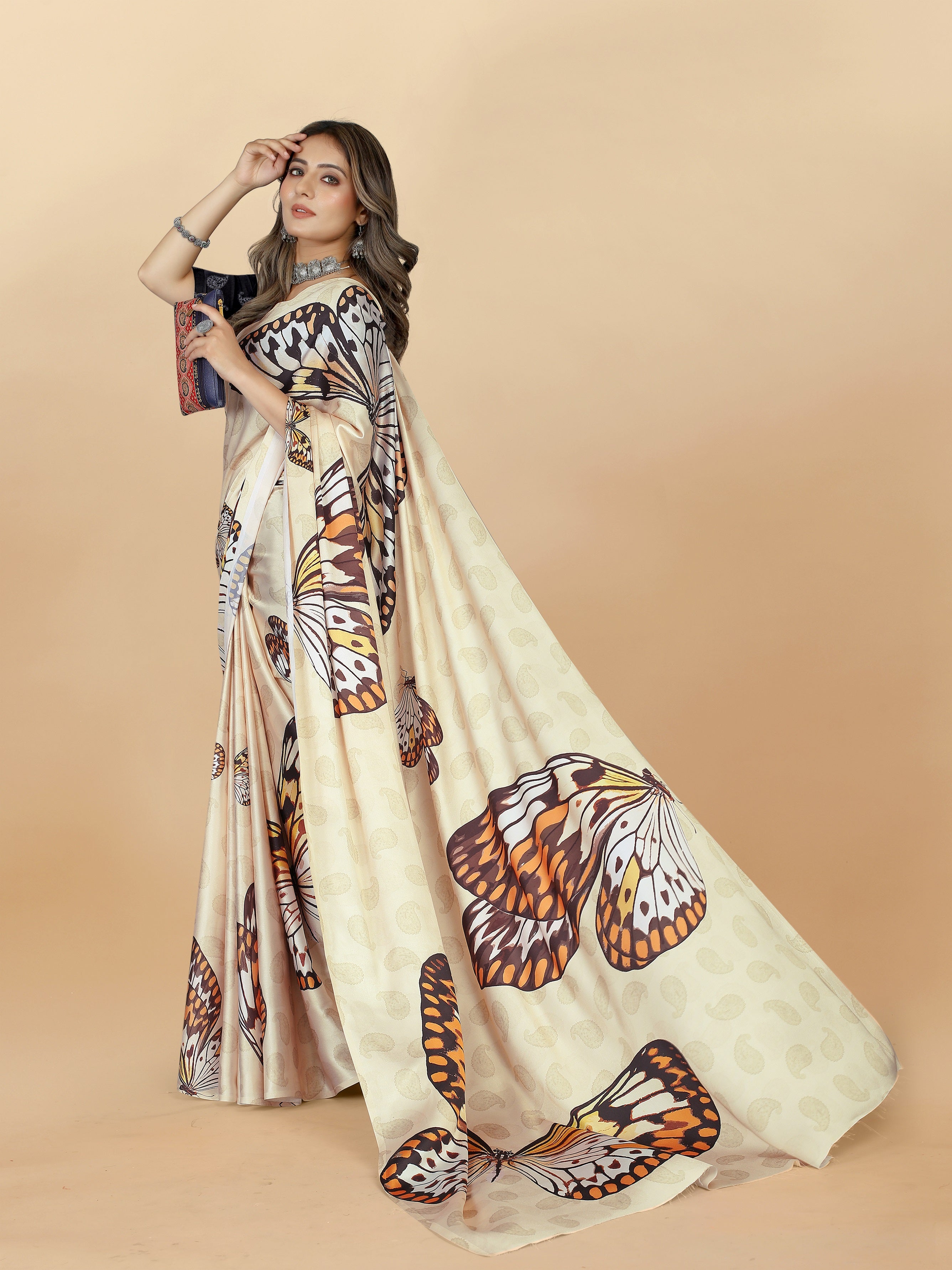 Vedant Vastram Digital Print Japan Satin Silk Party Wear Saree with Unstitched Blouse Piece - Cream
