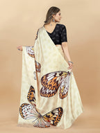 Vedant Vastram Digital Print Japan Satin Silk Party Wear Saree with Unstitched Blouse Piece - Cream