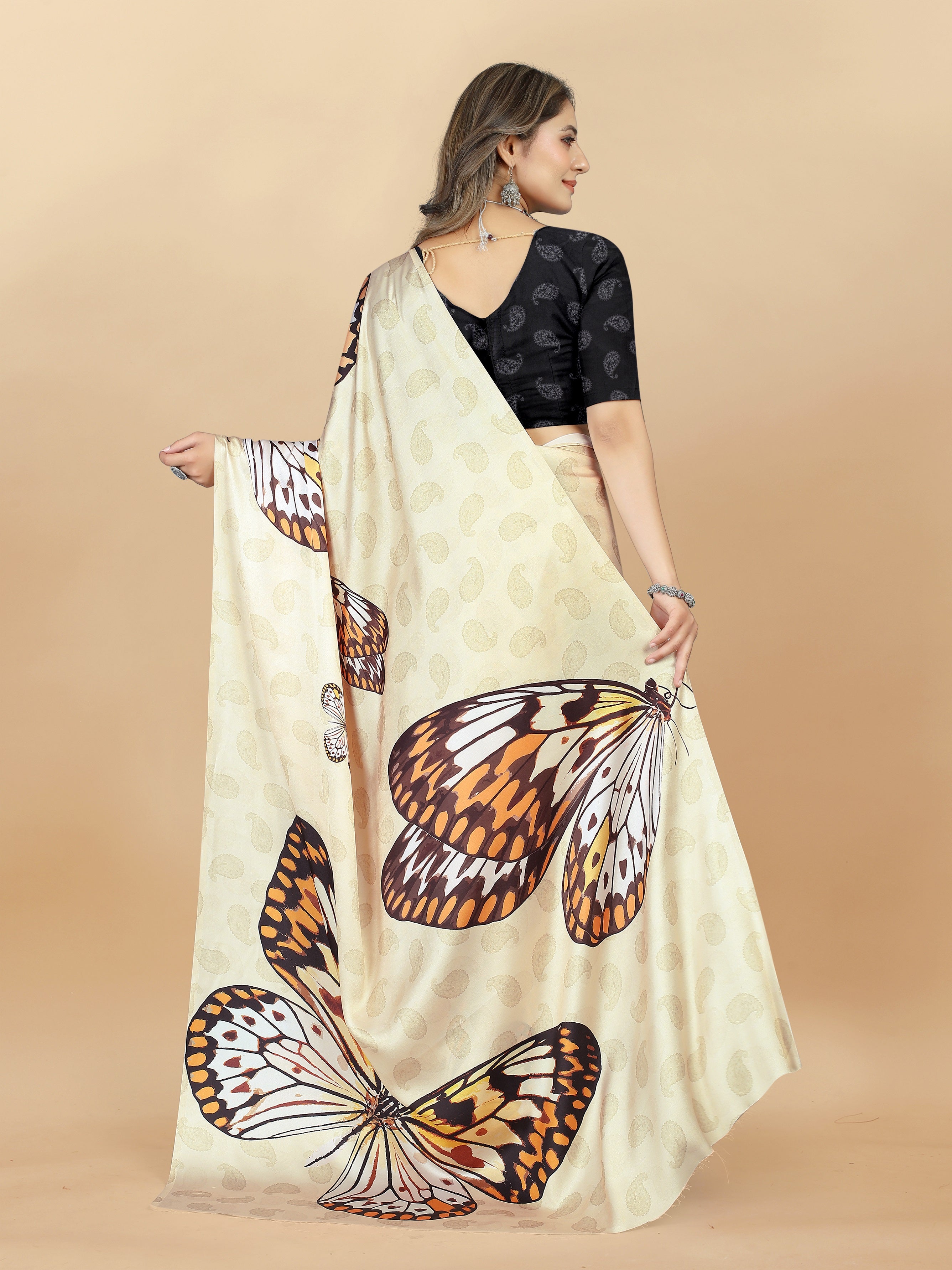Vedant Vastram Digital Print Japan Satin Silk Party Wear Saree with Unstitched Blouse Piece - Cream