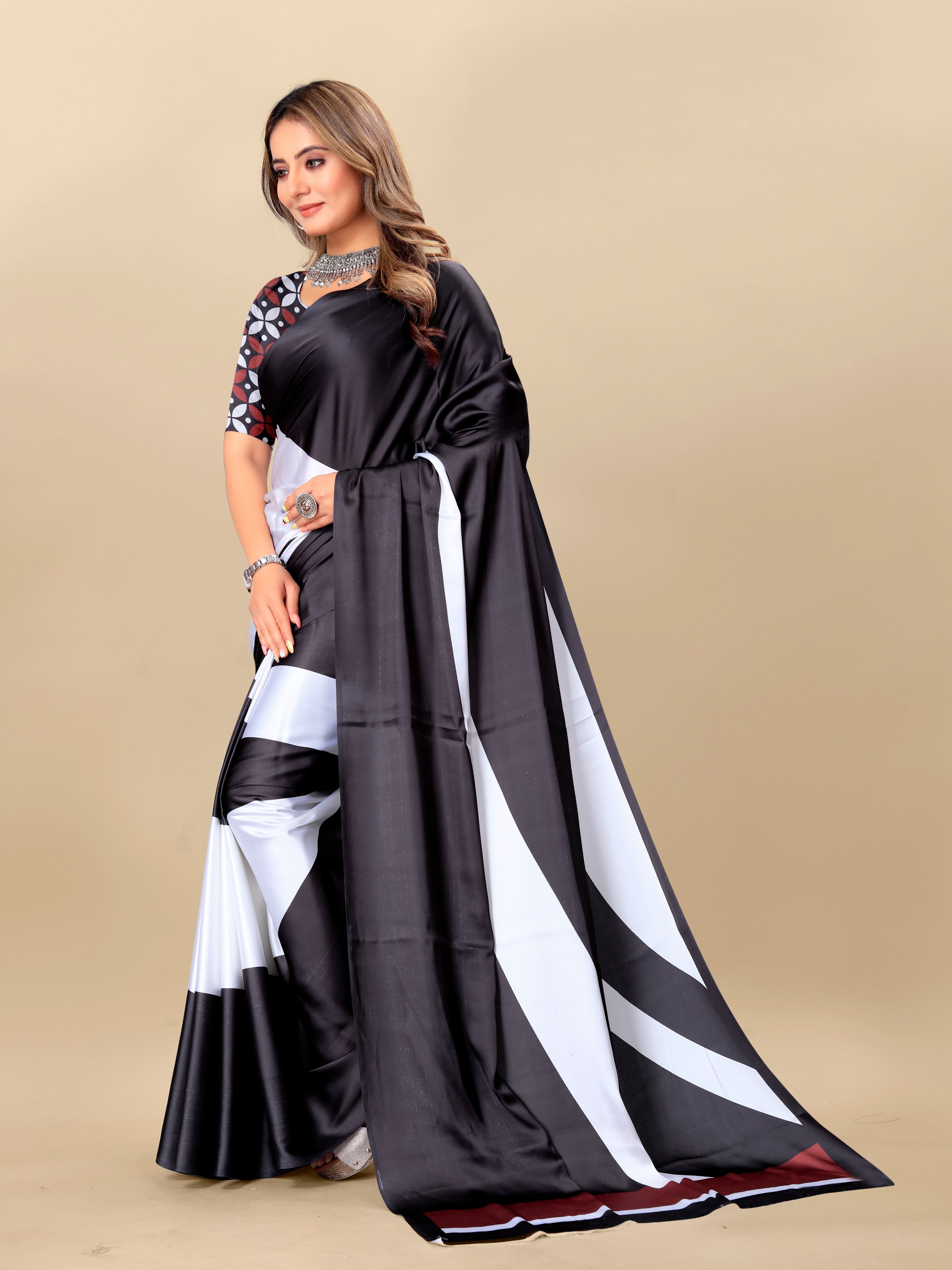 Vedant Vastram Digital Print Japan Satin Silk Party Wear Saree with Unstitched Blouse Piece - Black