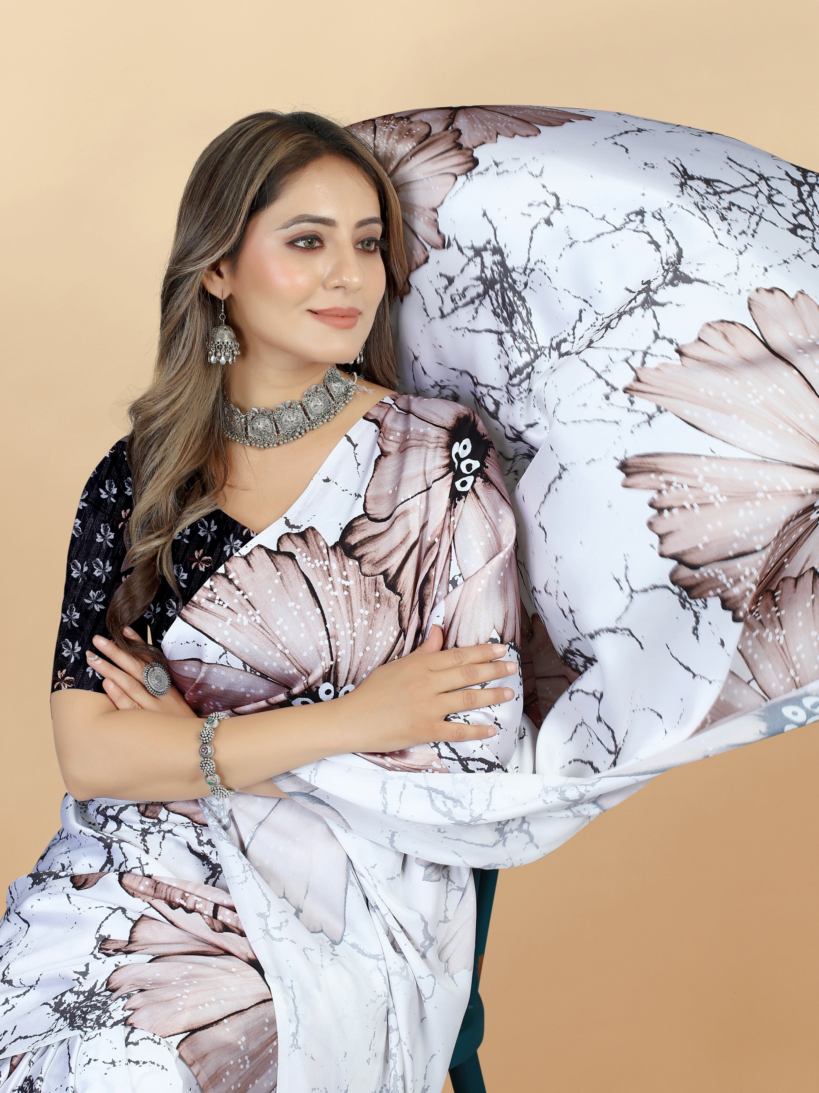 Vedant Vastram Digital Print Japan Satin Silk Party Wear Saree with Unstitched Blouse Piece - White