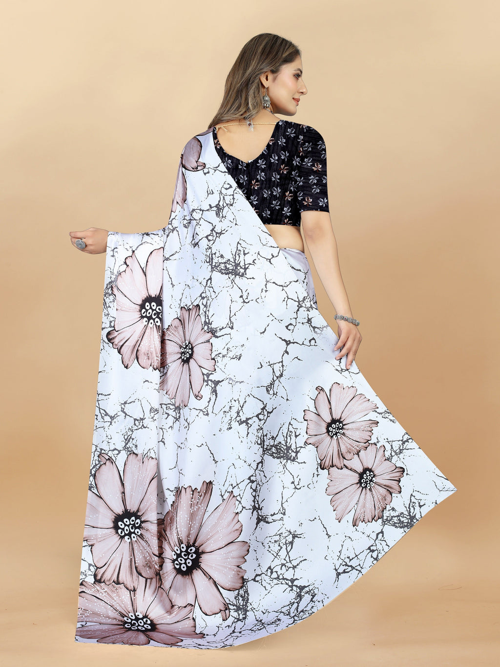 Vedant Vastram Digital Print Japan Satin Silk Party Wear Saree with Unstitched Blouse Piece - White