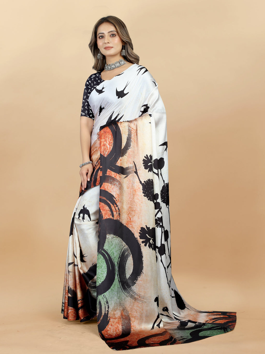 Vedant Vastram Digital Print Japan Satin Silk Party Wear Saree with Unstitched Blouse Piece - Cream