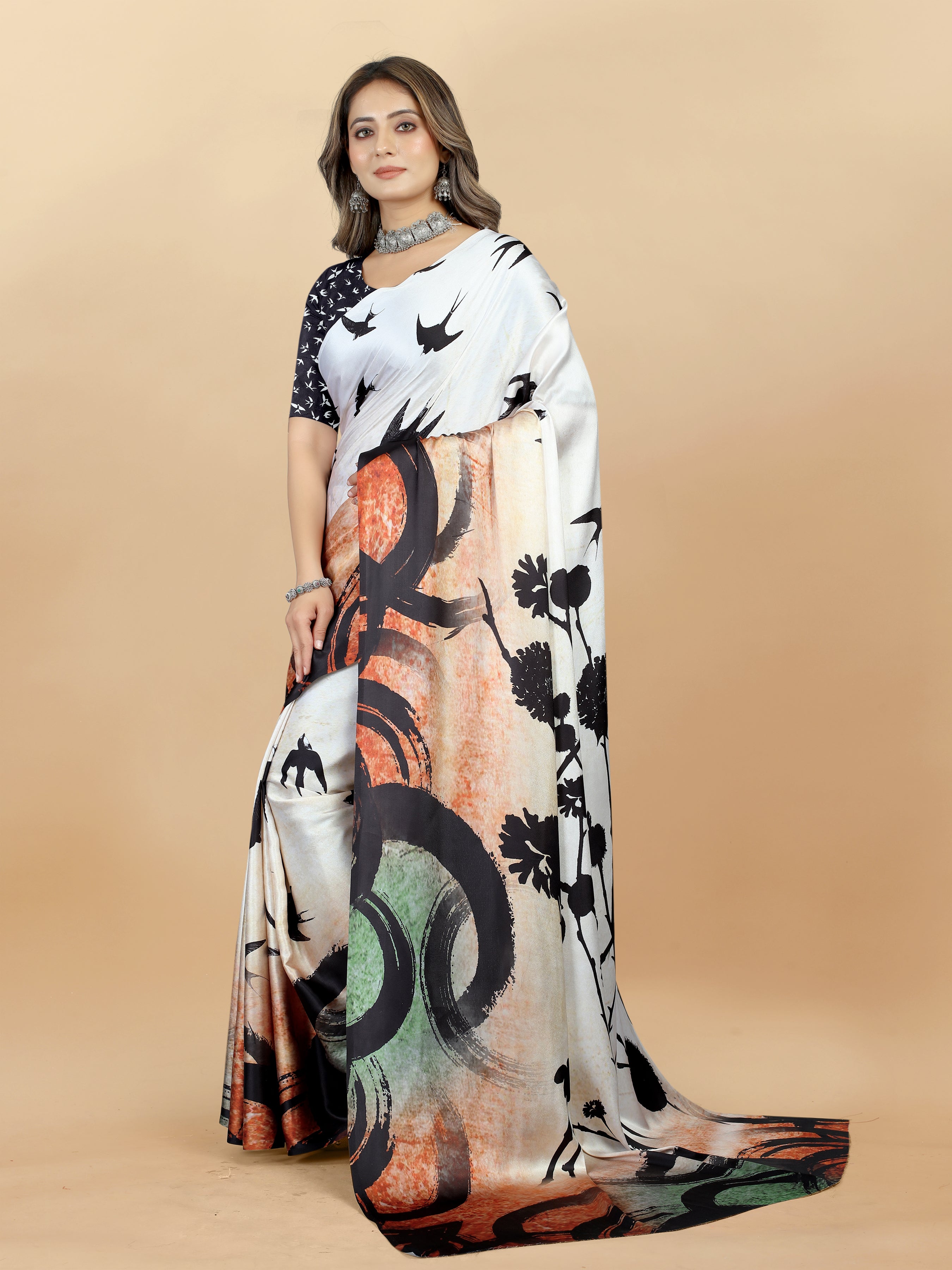 Vedant Vastram Digital Print Japan Satin Silk Party Wear Saree with Unstitched Blouse Piece - Cream