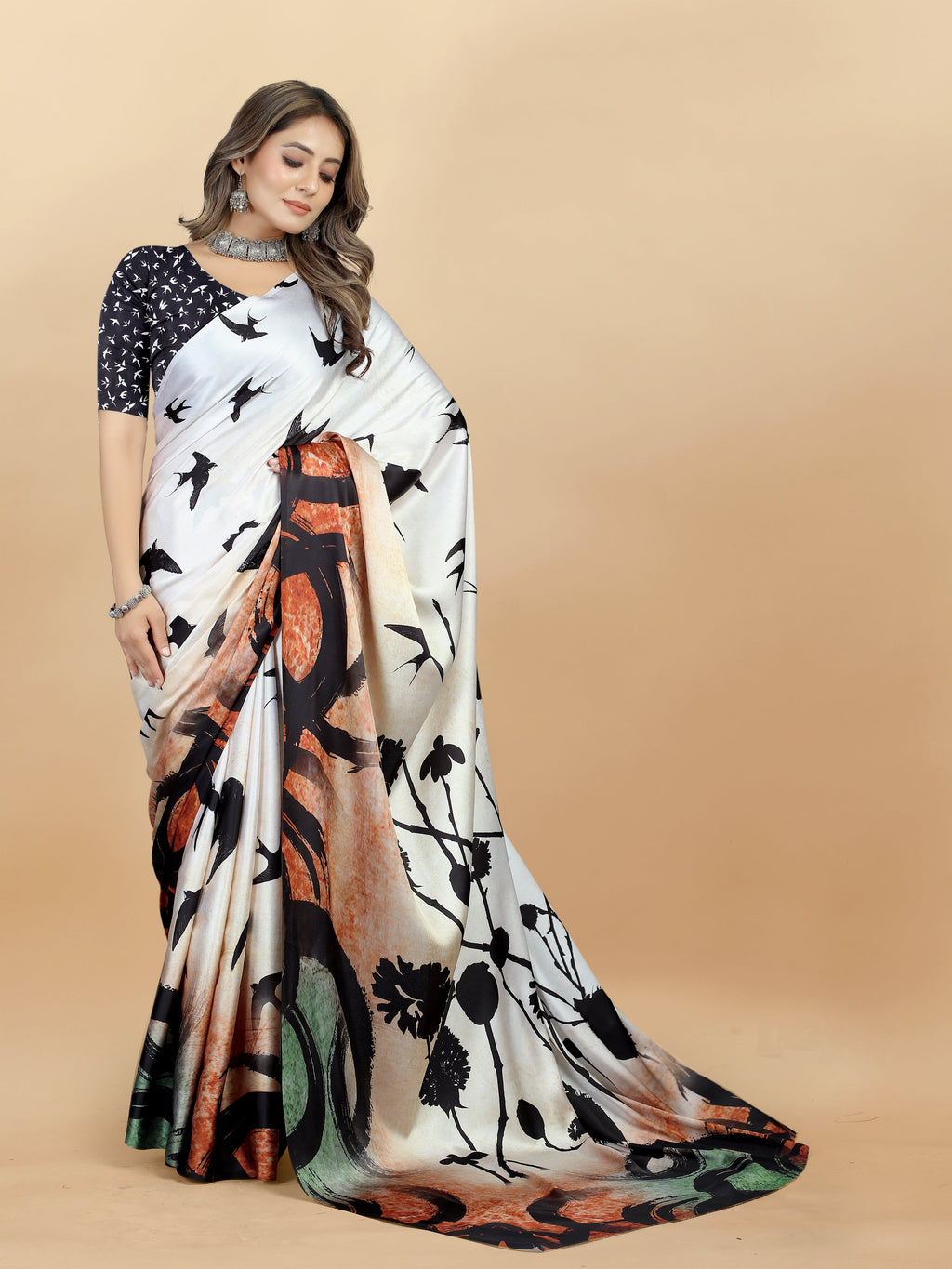 Vedant Vastram Digital Print Japan Satin Silk Party Wear Saree with Unstitched Blouse Piece - Cream