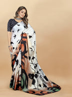 Vedant Vastram Digital Print Japan Satin Silk Party Wear Saree with Unstitched Blouse Piece - Cream